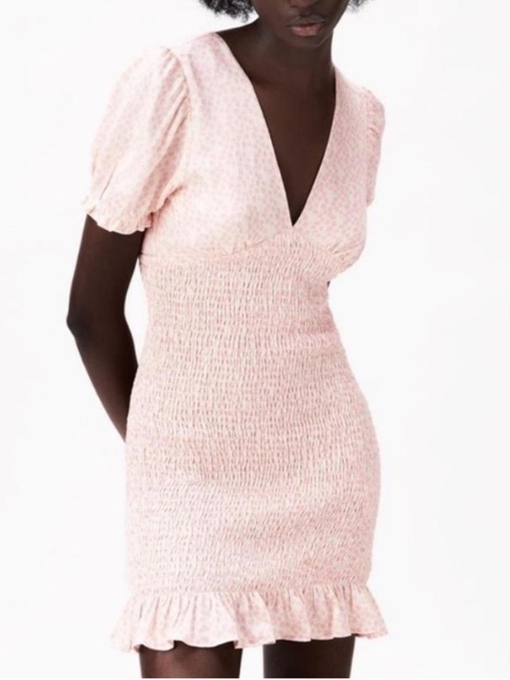 Zara Pink Smocked V-Neck Mini Dress with Ruffle Hem